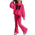 thumbnail image 3 of OSOLU Children Girls Outfits Long Sleeve Crew Neck Tops and Flare Pants with Bow Print 2 Piece Comfortable Breathable Classic Vacation Clothing Sets, 3 of 4