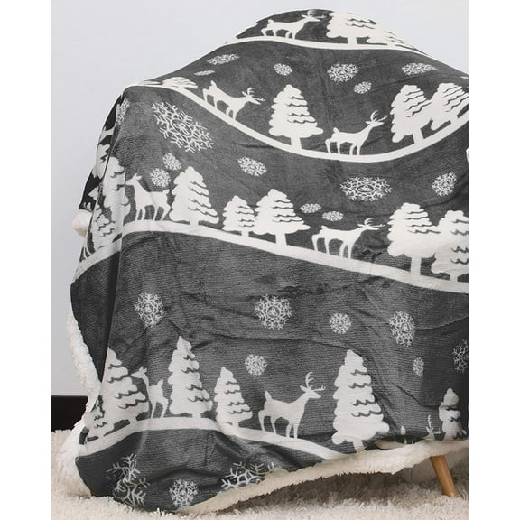 Serafina Home Plush Sherpa Throw Blanket: Deer in Snowy Woodland Silhouette (Charcoal Grey)