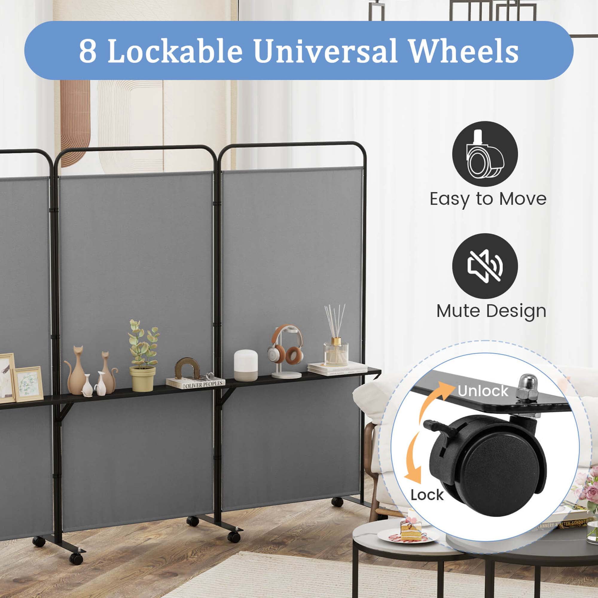 Costway 3-Panel Room Divider with Storage Shelves 6FT Tall Folding Privacy Screen on Wheels Gray