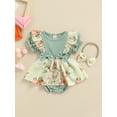 thumbnail image 2 of Kiapeise Baby Girl Summer Outfit Ruffle Sleeve Ribbed Romper Bow Floral Suspender Bodysuit Dress with Headband Clothes Set, 2 of 9