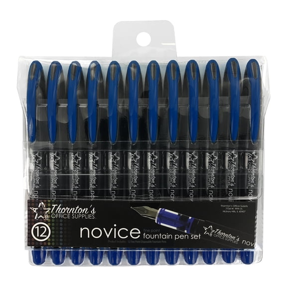 Thornton's Office Supplies Disposable Fountain Pens, Fine Point, Blue Ink, Pack of 12