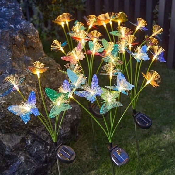 2Pcs LED solar butterfly fiber optic lamp for courtyard garden decoration, lawn light swaying in the wind, warm and romantic