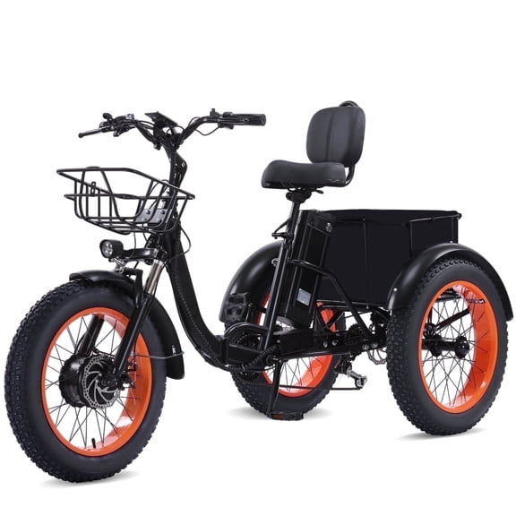Electric Tricycle for Adults Folding E-Trike Motorized Tricycle Electric 3 Wheels Trike Powerful 700W Motor Electric Tricycle 48V15AH Lithium Battery Max 20MPH 20*4.0” Fat Tire E-Tricycle Orange