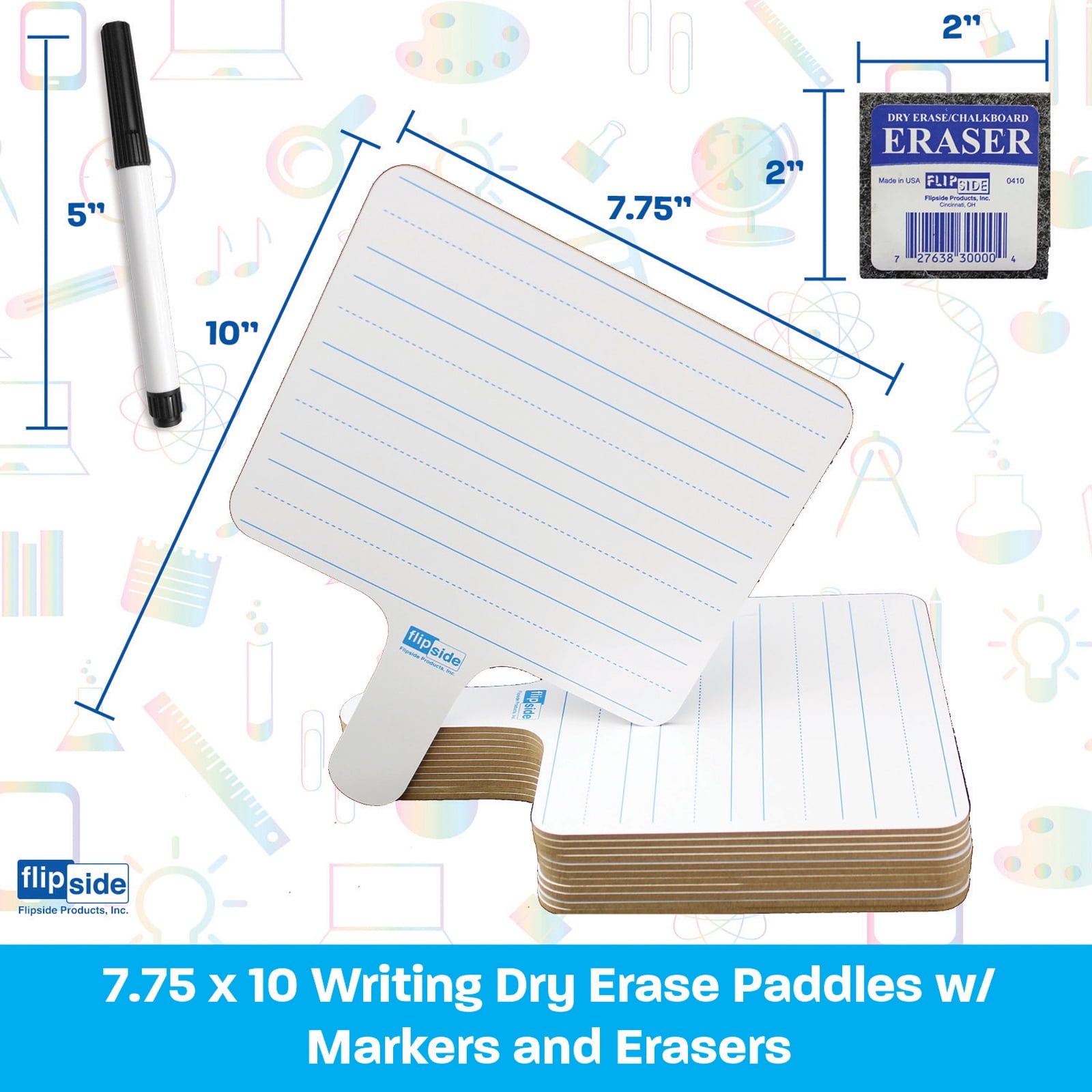 Flipside Products Two-Sided Rectangular Dry Erase Writing Paddles, Pens, and Erasers, Class Pack of 12