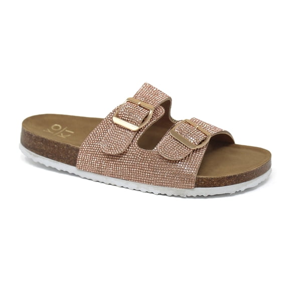 Women’s Rhinestone Double Buckle Sandals – Comfortable Cork Footbed Summer Slide Sandals