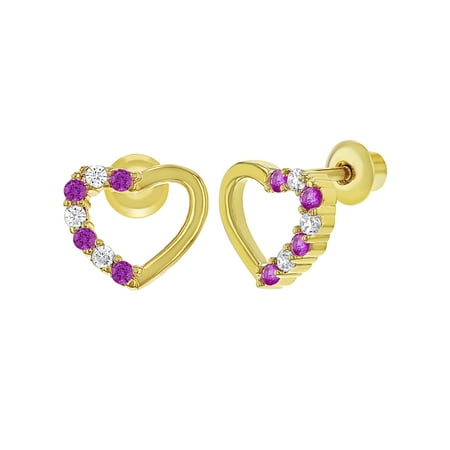 In Season Jewelry 18k Gold Plated Pink Clear Heart Back 18k Gold Plated Pink Clear Heart Back Baby Earrings Kids 7mm