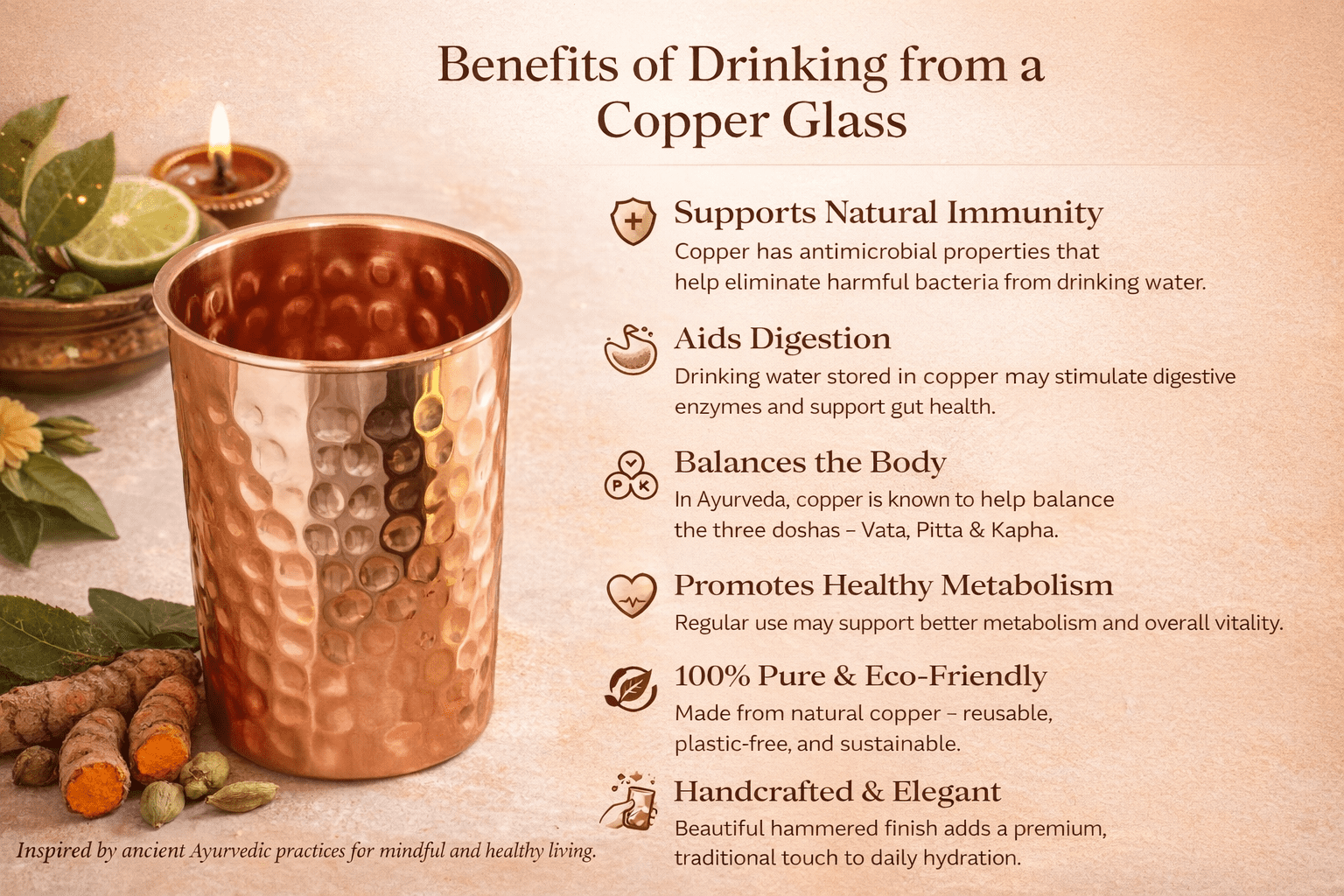 Pure Copper Water Bottle with 4 Hammered Copper Glasses | Leak-Proof Cap | Ayurvedic Healthy Drinking Set for Home & Office