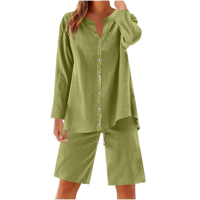 UAMVSH Women Button down Two Piece Sets Plus Size Cotton Linen Long Sleeve Shirts and Drawstring Bermuda Shorts Beach Outfits(Small,Mint Green)