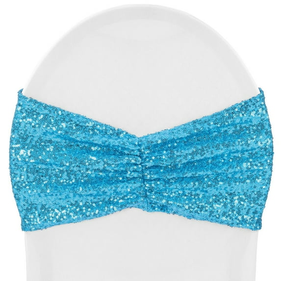 1 Pc, Glitz Ruffle Sequin Spandex Banquet Chair Band Sash 9" X 13.5"- Aqua Blue For Weddings, Baby Showers, Anniversary Parties, Quinceaneras