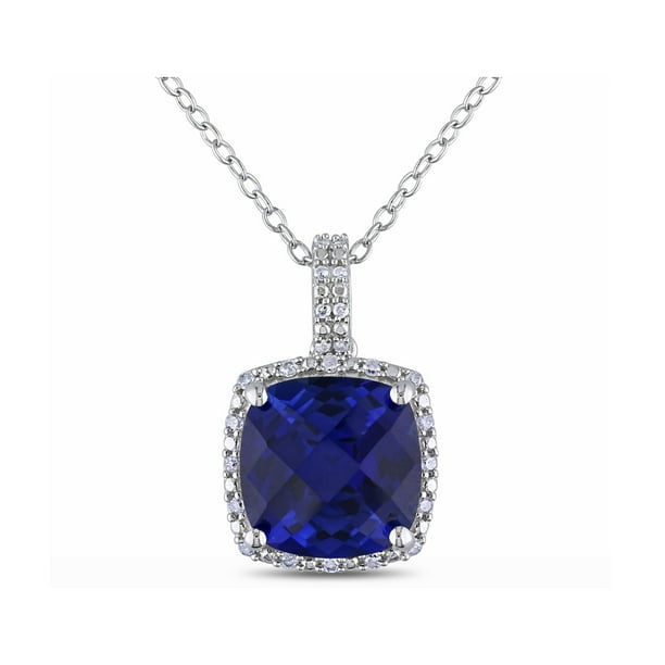 5.85 Carat (ctw) Collier Pendentif Saphir Bleu et Diamant en Argent Sterling avec Chaîne