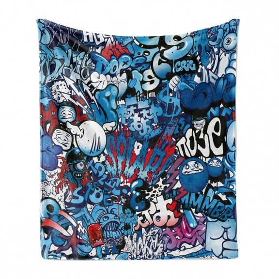 Modern Soft Flannel Fleece Throw Blanket, Teenager Style Image Street Wall Graffiti Graphic Colorful Design Artwork Print, Cozy Plush for Indoor and Outdoor Use, 50" x 60", Multicolor, by Ambesonne