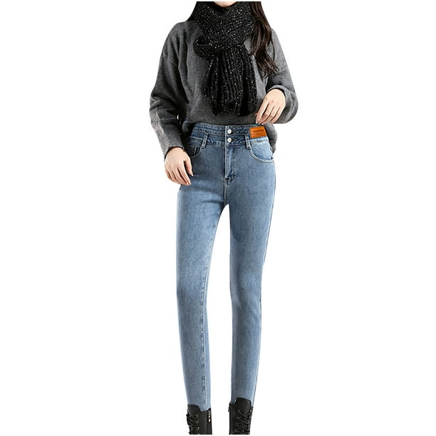 Womens Winter High Waisted Thermal Jeans Thick Skinny Pants Sherpa