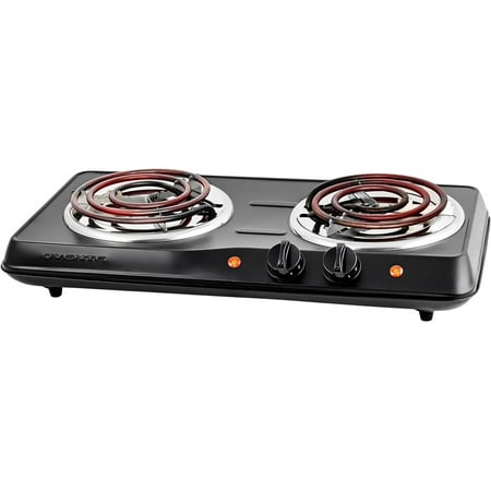 OVENTE Electric Countertop Double Burner, 1700W Cooktop with 6" and 5.75" Stainless Steel Coil Hot Plates, 5 Level Temperature Control, Indicator Lights and Easy to Clean Cooking Stove, Black BGC102B