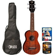 Luna UKE TATTOO SOPRANO Tattoo Mahogany Soprano Ukulele with Gigbag Bundle with Mel Bay Guitar Chord Book with Online Video Instruction and Premium 2 YR CPS Enhanced Protection Pack