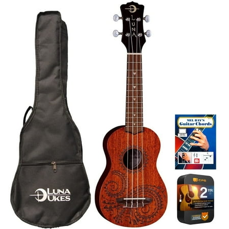 Luna UKE TATTOO SOPRANO Tattoo Mahogany Soprano Ukulele with Gigbag Bundle with Mel Bay Guitar Chord Book with Online Video Instruction and Premium 2 YR CPS Enhanced Protection Pack