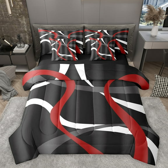 Homewish Geometric Waves Striped 7-Piece Twin Bedding Sets,Modern Minimalist Lines Bedding Comforter Set,Gray White Red Sheet Sets For Girls Kids,Luxury Bedroom Decor Reversible