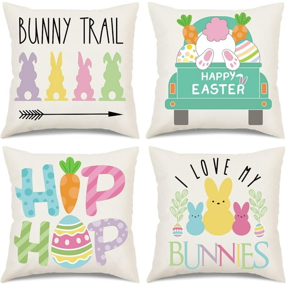 hofaaa Easter Pillow Covers 18x18 Set of 4 Easter Decorations for Home Bunny Trail Truck Hip Hop Easter Decorative Spring Throw Pillows Cushion Covers Farmhouse Easter Decor