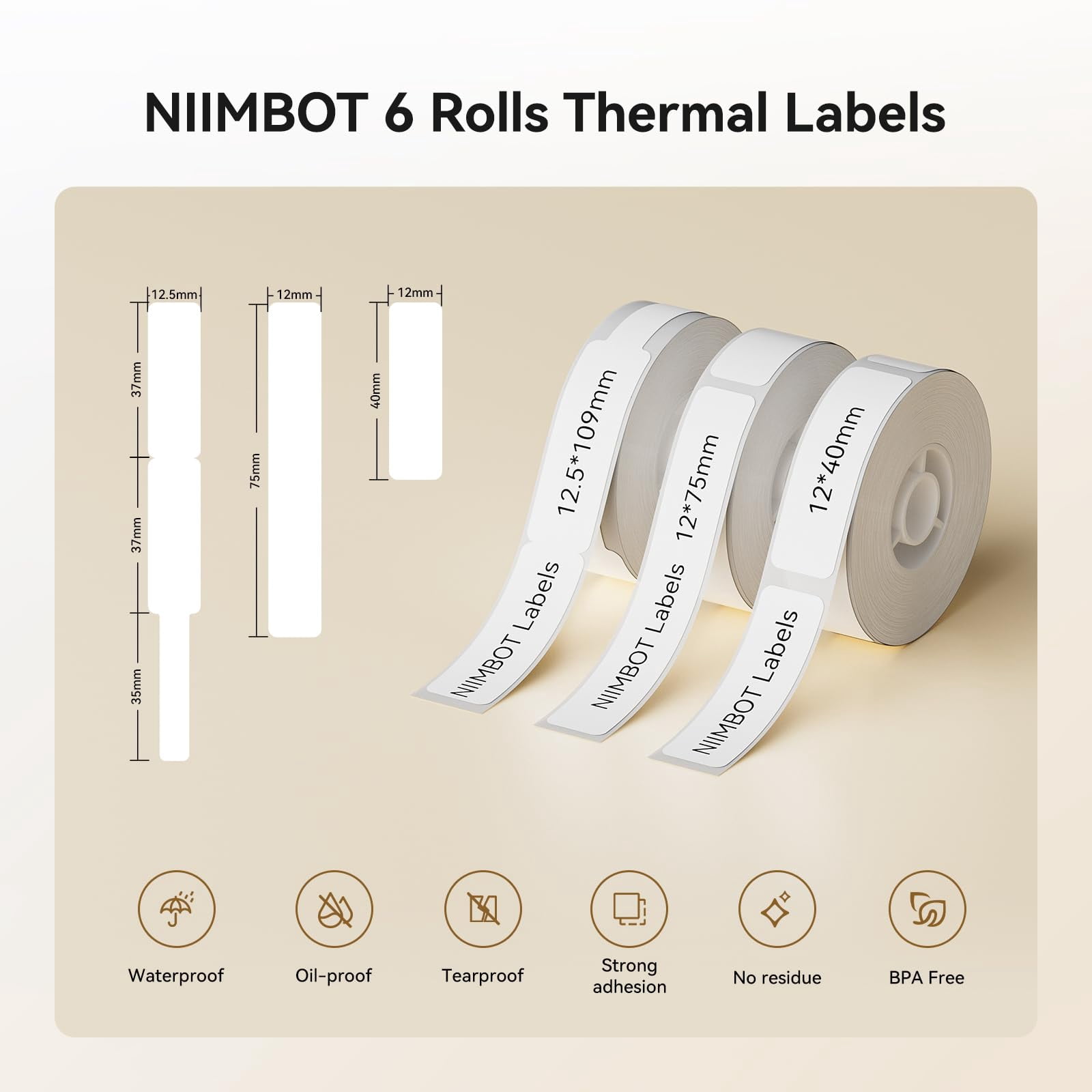 NIIMBOT 6 Rolls Labels for D11/D110/D101 Label Printer, Thermal Labels 12x40mm/2 Rolls, 12x 75mm/2 Rolls, 12 x 109mm/2 Rolls, for for Home Office School