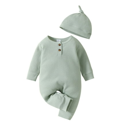 

YDOJG Bodysuits for Boys Girls Toddler One-Pieces Long Sleeve Solid Pullover Romper Jumpsuit Clothes Hat Set Green 12-18 Months