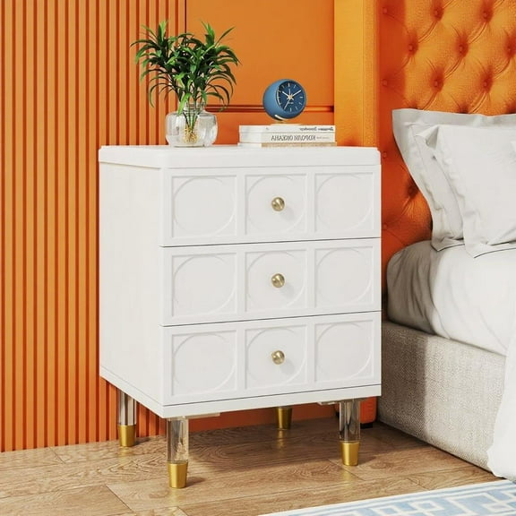 Qiushi Modern Nightstand with 3 Drawers, White and Gold Bedside Table with Acrylic Legs, Elegant Storage End Table for Bedroom, Spacious Drawer & Sturdy Top