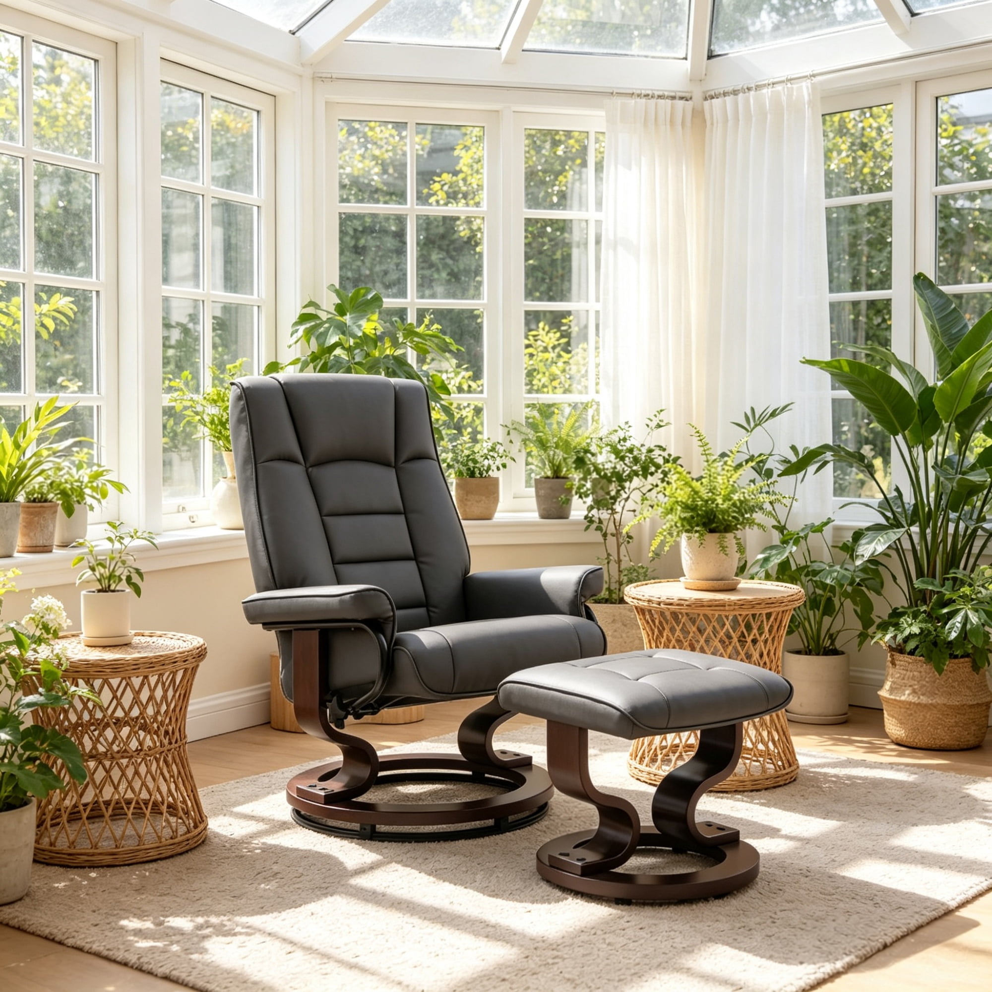 Faux Leather Reclining Chair with Ottoman, Manual Recliner with Tufted Back and Wood Frame, Brown