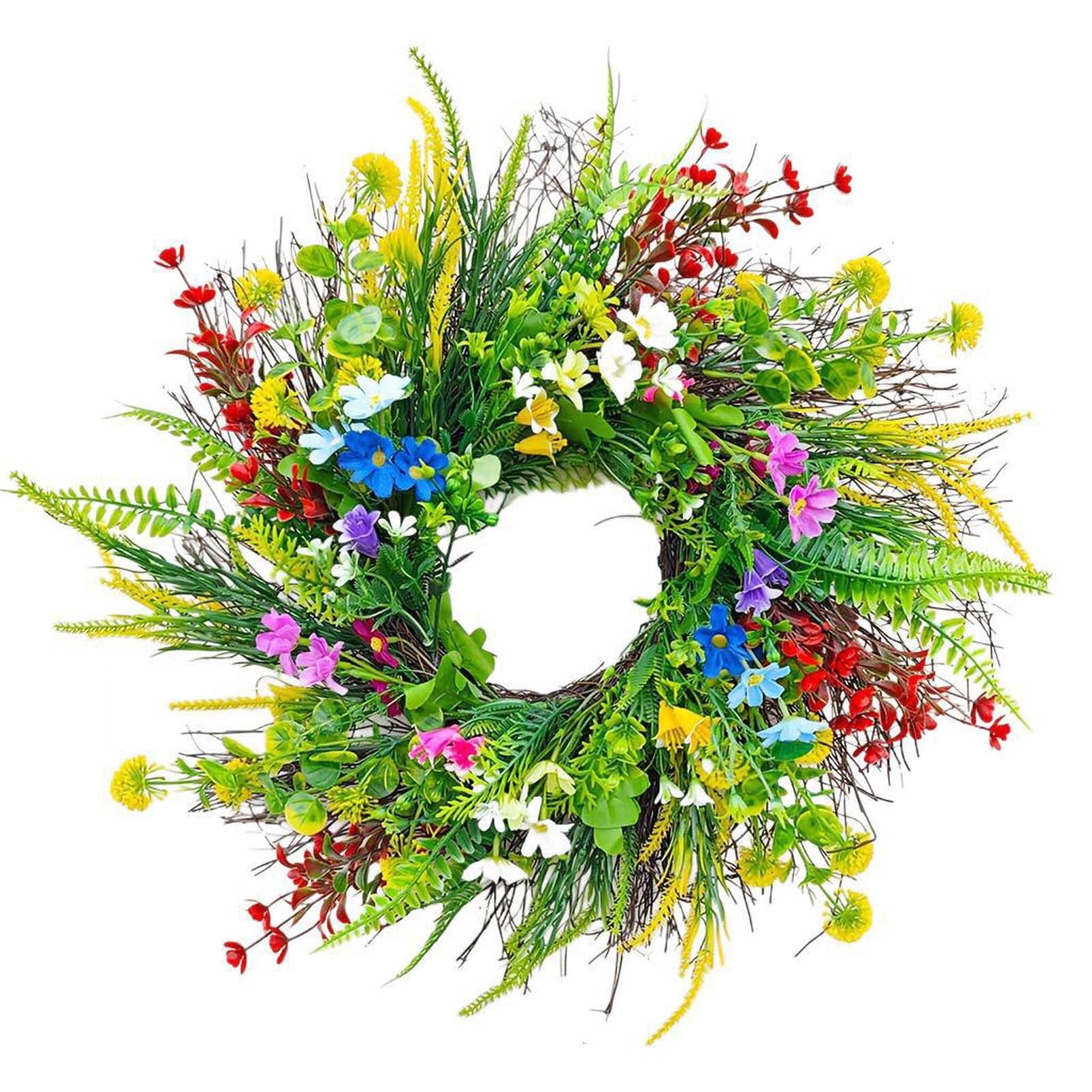 Spring Wreaths for Front Door 18 Inch - Outdoor Spring Summer Wreath with Wildflower and Green Leaves,Front Door Wreath for Farmhouse Home Porch Wall Decor