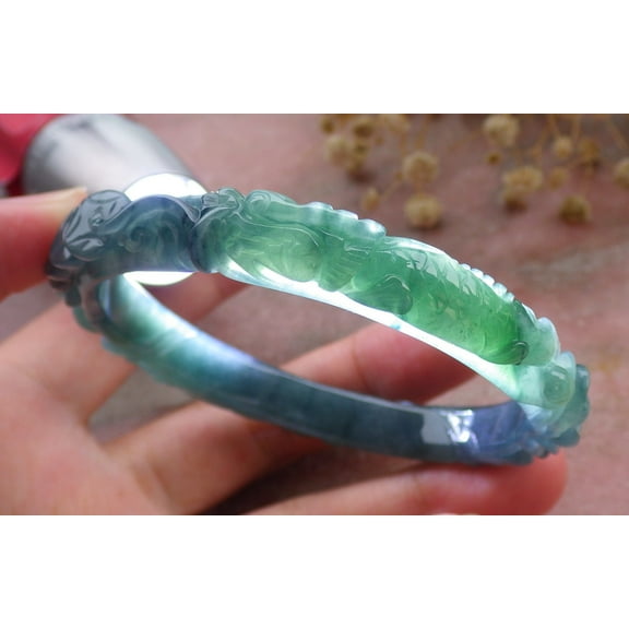 Certified Icy Green Burma 100% Natural A JADE Jadeite Dragon Fish Flower Coin Bangle Bracelet 58 mm 673354 TN