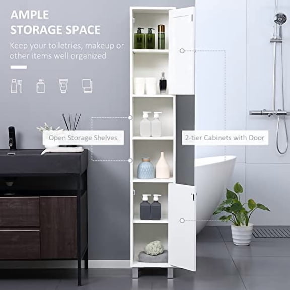 Tall Bathroom Storage Cabinet with Mirror, Wooden Freestanding Tower Cabinet with Adjustable Shelves for Bathroom or Living Room, White