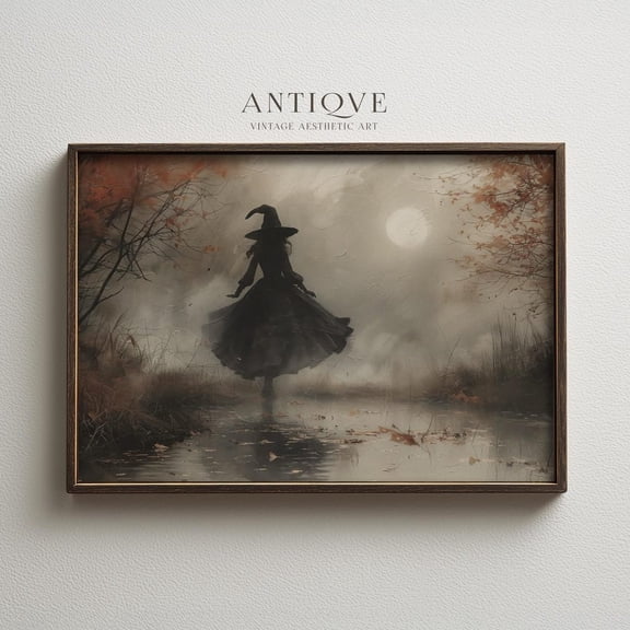 Witch And Moon Poster, Neutral Gothic Halloween Wall Art