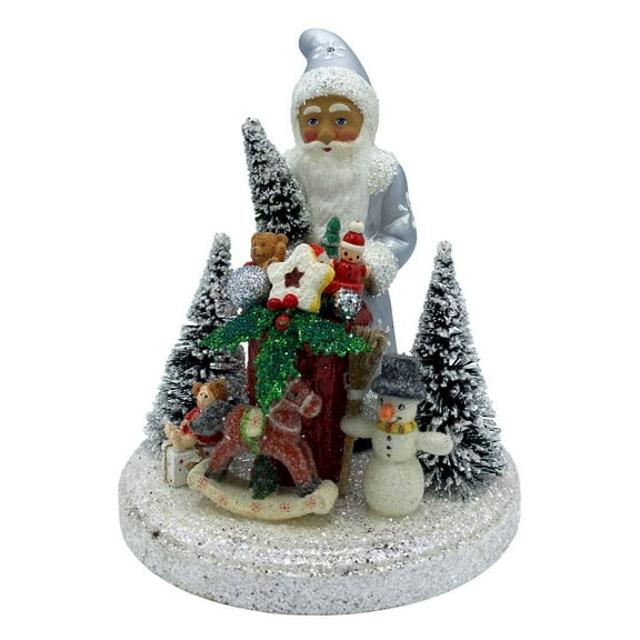 Alexander Taron 8.5" Vibrant Unique Santa in Silver Coat with Gifts Schaller Paper Mache Candy