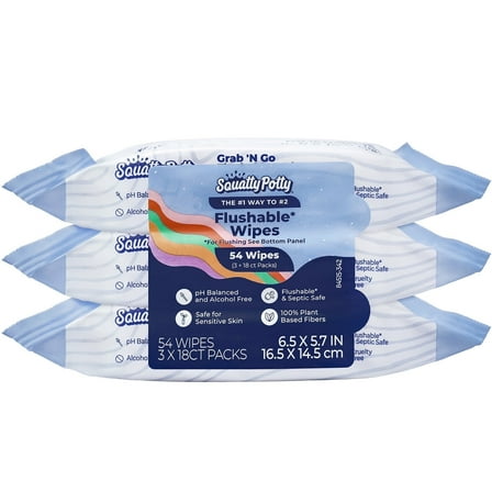 Squatty Potty Flushable Wipes - 3 Pack (54 Total Wipes) - 99% Water & Plant-Based - Green Tea, Cucumber & Aloe Spa Scent - pH Balanced - Septic Safe Adult Wet Wipes