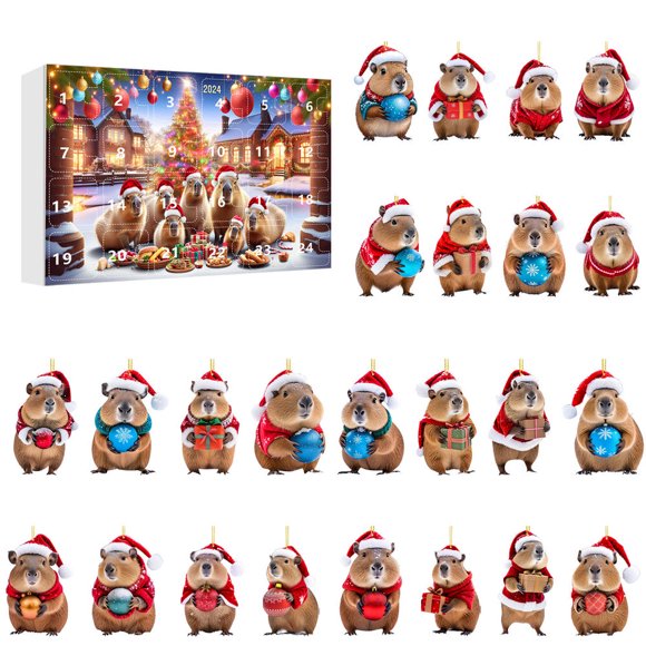 24 Pcs Pendentif Capybara de Noël en Acrylique 2D, Ornement de Sapin de Noël, Compte à Rebours de l'Avent de Noël, Boîte Surprise, Cadeau de Noël pour Enfants