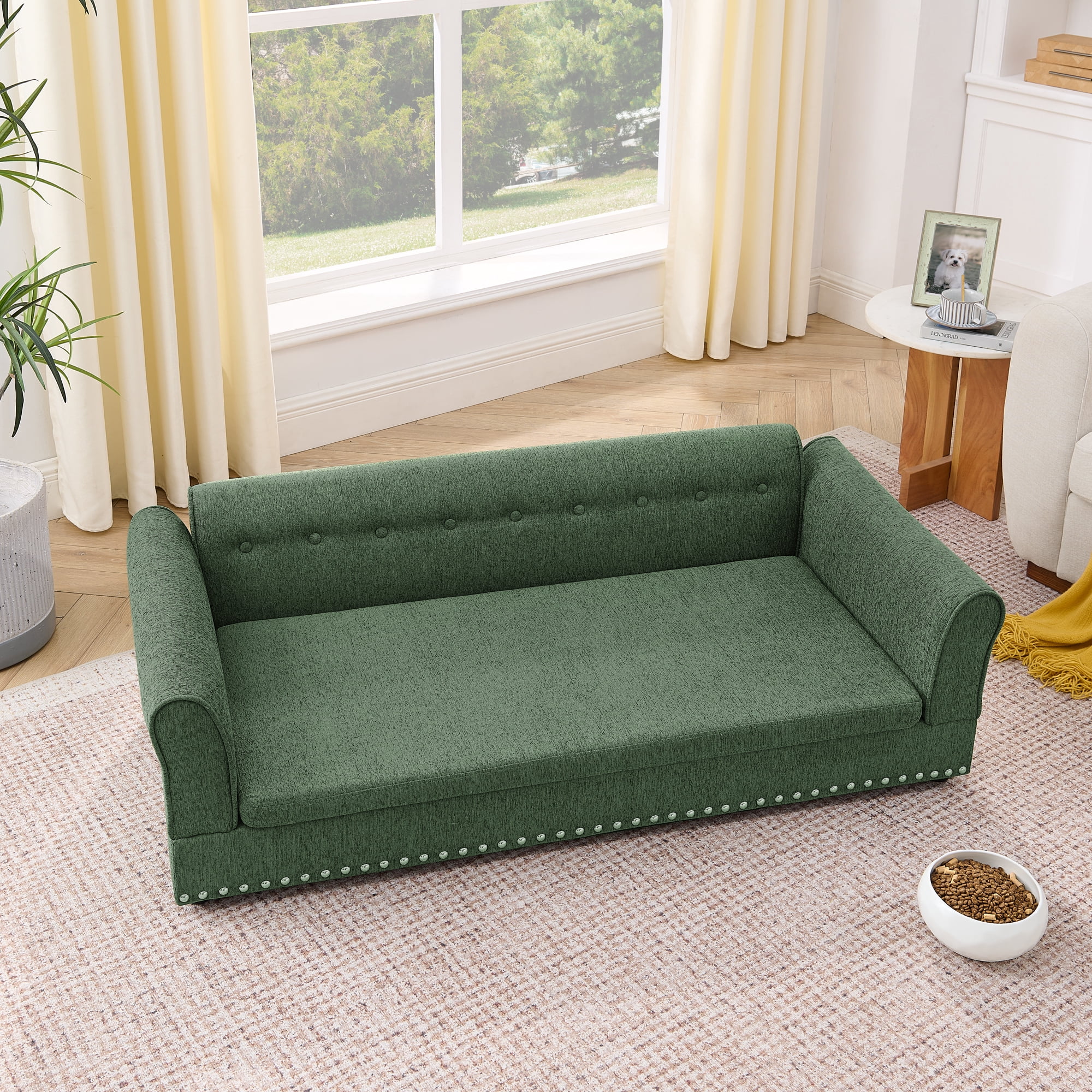 Oversized Pet Sofa, Elegant Modern Linen Fabric Elevated Dog Sofa Bed, Comfortable Oversized Rectangular Pet Bed with Backrest & Armrest for Large & Oversized Dogs, Olive Green