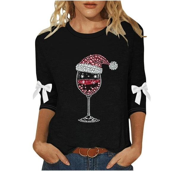 Christmas T Shirt for Women 3/4 Sleeve Holiday Tops Funny Wine Glass Print Casual Festive Xmas Tees Cute Outfits