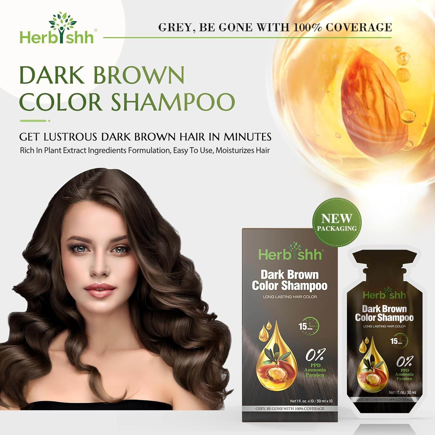 (2 pack) Herbishh Dark Brown PPD-Free Shampoo for Gray Hair, Travel-friendly Hair Dye Shampoo 3 in 1, 100% Gray Coverage, Permanent Hair Color for Men & Women, Ammonia-free, 30 ml