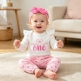thumbnail image 2 of larppty Baby Girl 1st Bithday Outfits Long Sleeve Romper Pants Set with Headband, 2 of 4