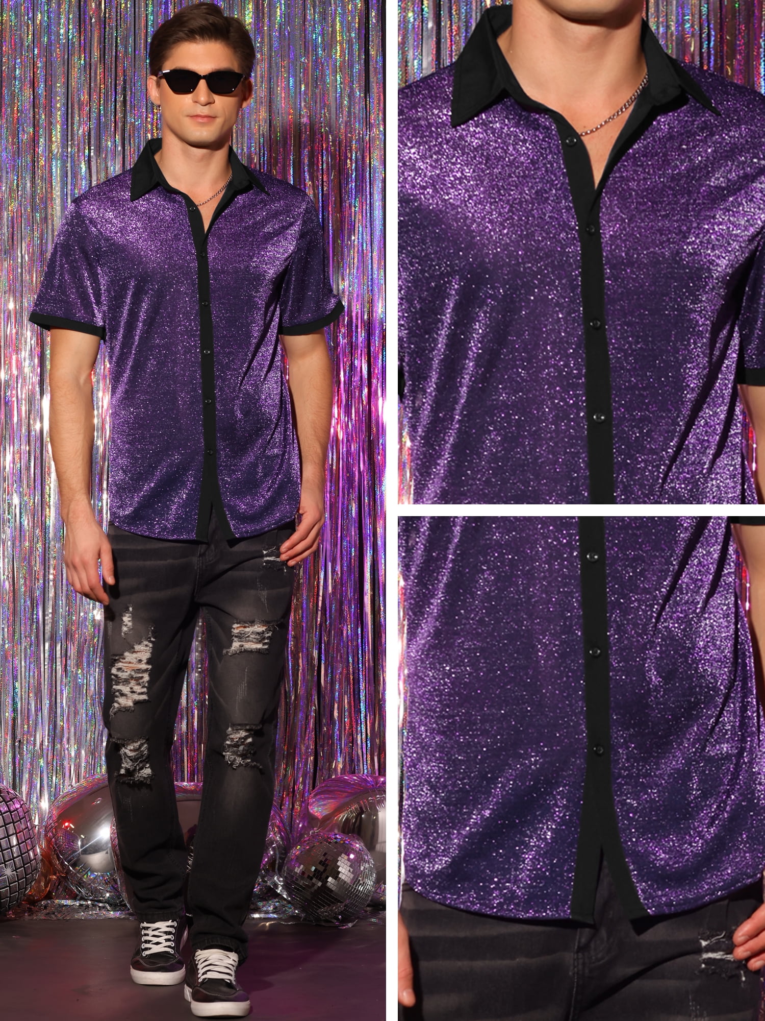 DARING DIVA Men's Metallic See Through Short Sleeves Disco Shiny Sheer Shirts XL Purple