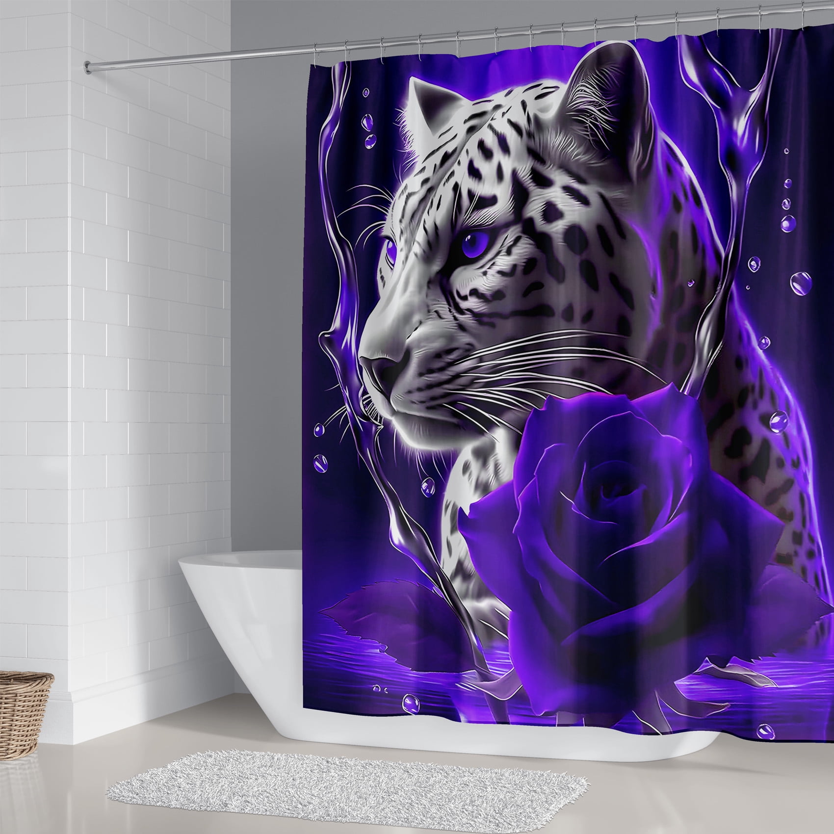 4PCS Purple Rose and Leopard Shower Curtain Bathroom Set with Non-Slip Rugs, Toilet Lid Cover and Bath Mat, Purple Bathroom Decor Set Accessories Shower Curtains with 12 Hooks, 72 x 72 Inch