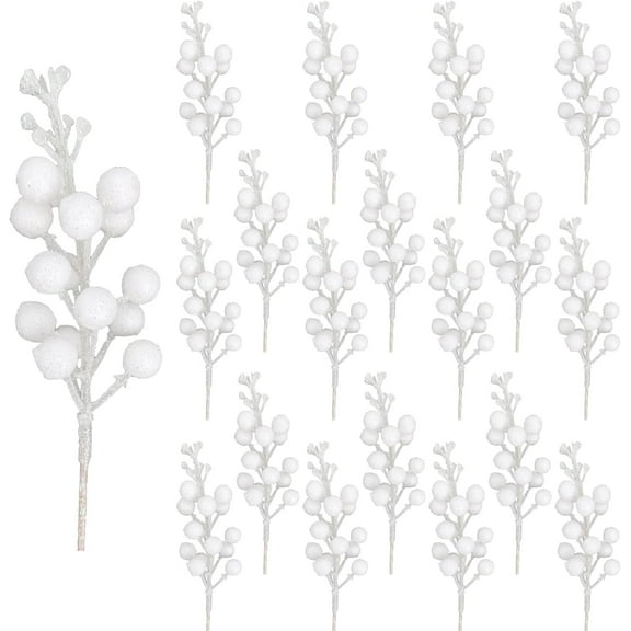 White Christmas Glitter Berry Stem, Artificial Berry Picks 9 Inch Holly Berries Branches for Christmas Tree Decorations Wreath, Crafts, Holiday and Home Decor,Christmas Ornaments(20 Pack)