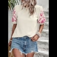 thumbnail image 4 of Blusas Texturizadas con Bordado Floral para Mujer, Cuello Redondo, Corta Abullonada, Informales, Holgadas, Lisas, Color Albaricoque XL, 4 of 10