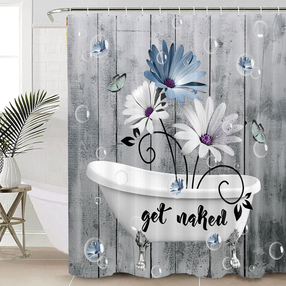 Rustic Get Naked Floral Shower Curtain Set, Blue and White Little Daisy in Bathtub Butterfly Bath Curtain, Vintage Grey Wooden Waterproof Fabric Bath Curtain for Bathroom Decor With Hooks,72X84in
