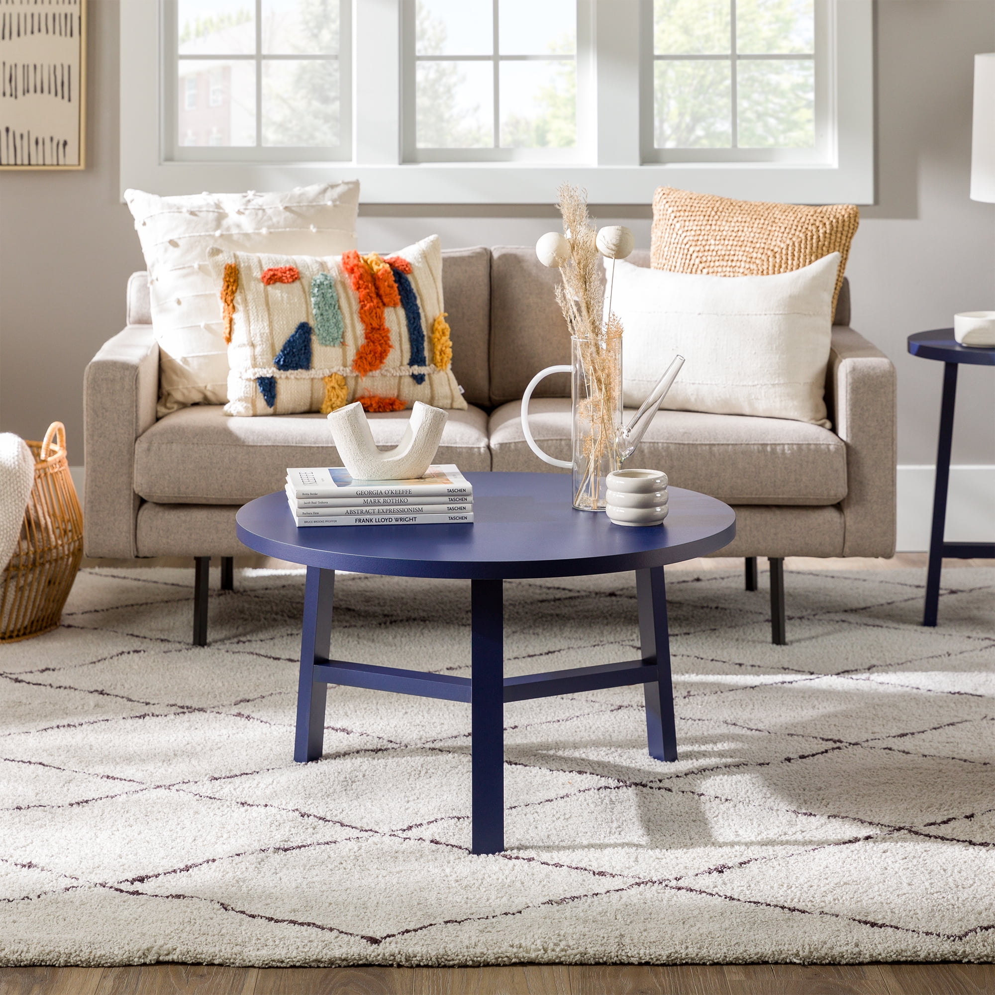 Walker Edison Mid-Century Modern Simple 3 Leg Round Coffee Table, Blue