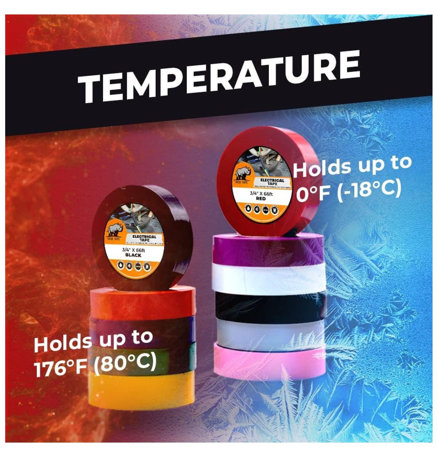 WOD ETC766 Professional Grade General Purpose Red Electrical Tape UL/CSA Listed . Vinyl Rubber Adhesive Electrical Tape: 3 inch X 66 ft - Use at No More Than 600V & 176F (Pack of 10)