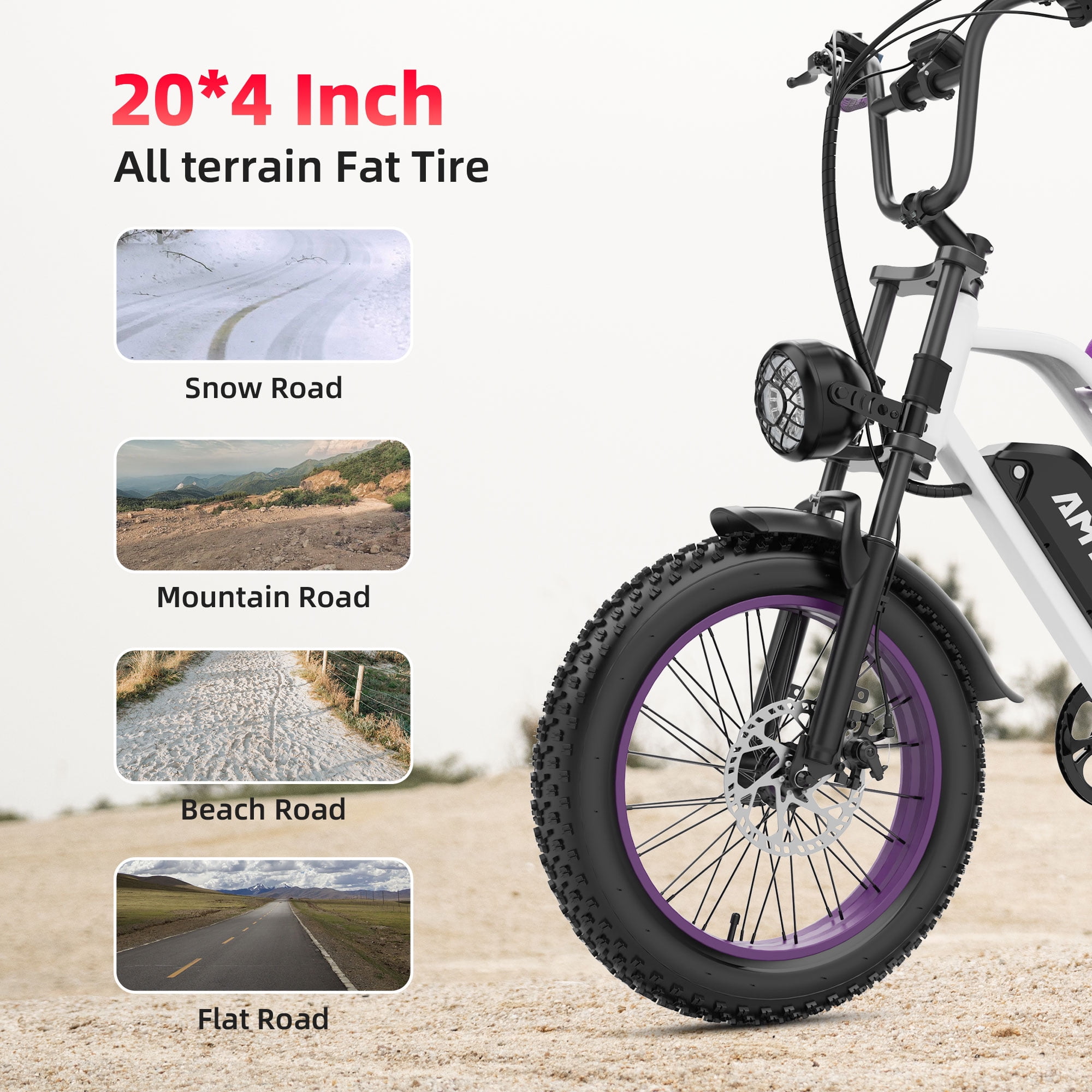 AMYET G60 Electric Bike for Adults, 20" Fat Tire E-Mountain Bicycle, Peak 1500W Dual Motor 48V 20AH 7-Speed Ebike UL2849, E-bikes for Couples,Set of 2(Black&Purple)