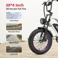 thumbnail image 6 of AMYET G60 Electric Bike for Adults, 20" Fat Tire E-Mountain Bicycle, Peak 1500W Dual Motor 48V 20AH 7-Speed Ebike UL2849, Set of 2(Purple), 6 of 8