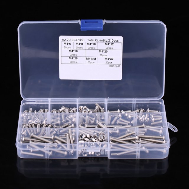 Bolts , Assortiment de 210 Pcs de Boulons et Écrous de Fixation en Acier Inoxydable M4 avec une Finition de Luxe. l'Ensemble Comprend 160 Vis et 50 Écrous en Acier Inoxydable 304, Offrant une Résistance et une Résistance à la corrosion. les Vis Se Présentent en Diverses Longueurs, Y Compris M4x6mm, M4x8mm, M4x10mm, M4x12mm, M4x16mm, M4x20mm, M4x25mm et M4x30mm, Soigneusement Organisées