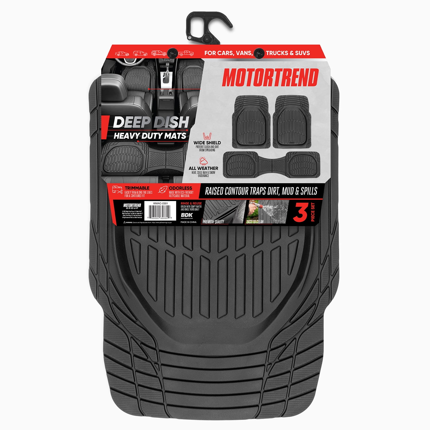 MotorTrend 3-Piece Deep Dish Rubber Floor Mat - Made for Chevy, Ford, Dodge, GMC, Honda, Hyundai, Jeep, Kia, Nissan, Toyota, Volkswagen Vehicles
