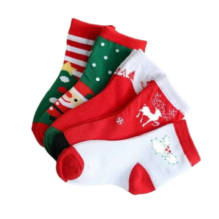 

5 Pairs Christmas Stockings Winter Cartoon Pattern Cotton Socks Festival Toddler Socks for 3-7 Years Old (5 Color Mixed)