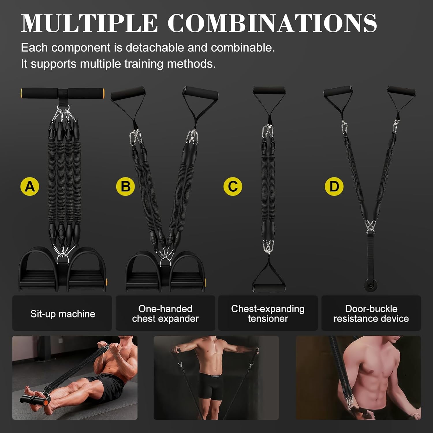Pedal Resistance Band with Handle - Adjustable 4-Tube Sit-Up Pull Rope, 25-100 lbs, Ergonomic Handles, Full Body Home Fitness Equipment