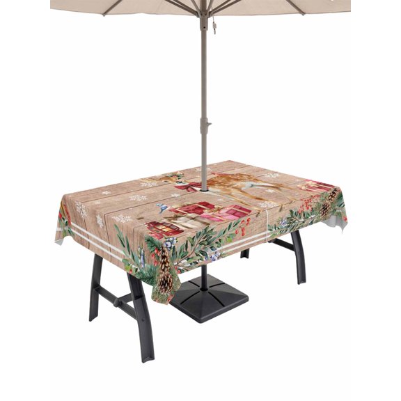 Outdoor Tablecloth with Umbrella Hole and Zipper, Christmas Elk Rectangle Table Cloth 60x102 Inch Waterproof Tablecloth, Xmas Pine Cones Gifts Snowflake Vintage Picnic Table Cover for Patio Camping
